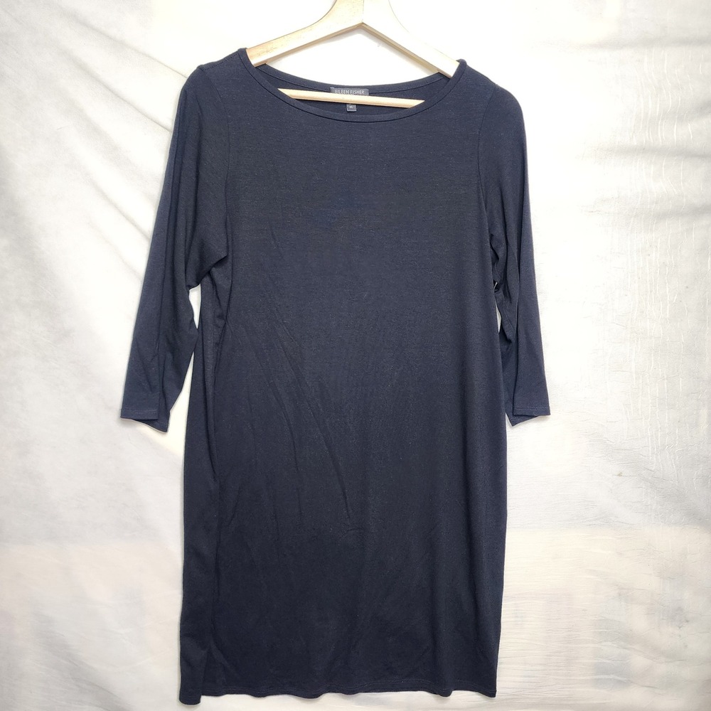 Eileen Fisher Petite Large (PL) Black Viscose Jersey 3/4 Sleeve Shift Dress  USA